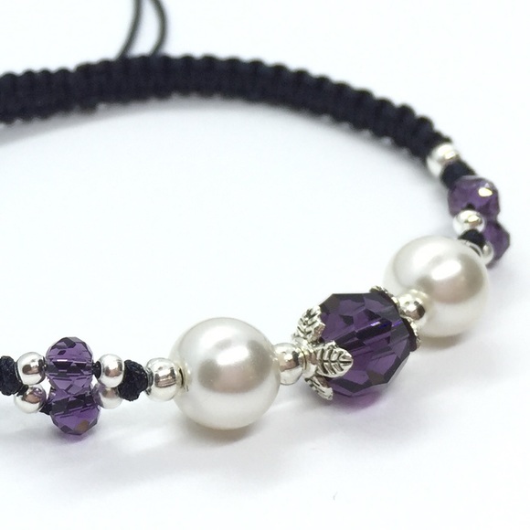 Ivory Glass Pearls w/ Purple Crystal Bracelet - Picture 5 of 5